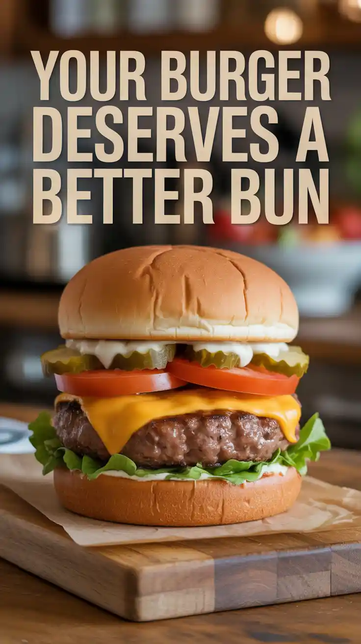 A Pinterest pin with the text "Your Burger Deserves a Better Bun" over a photo of a gourmet burger on a shiny, homemade bun.