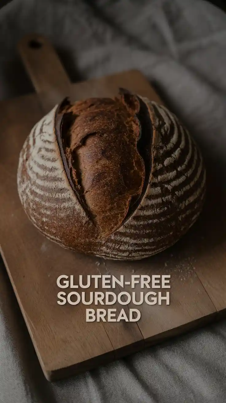 A beautiful artisan loaf of gluten-free sourdough bread on a wooden board with the text "Gluten-Free Sourdough Bread" overlaid.