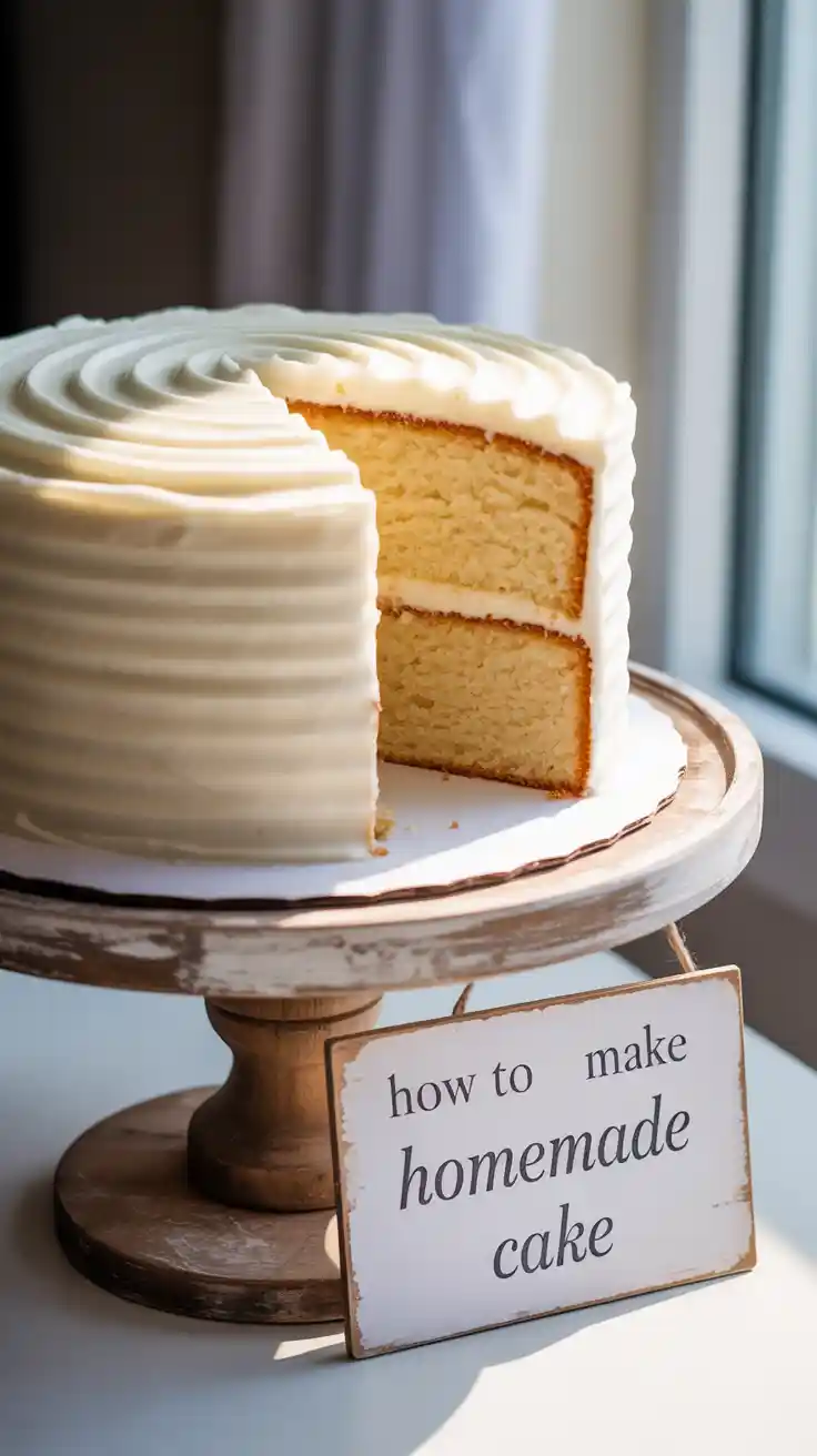 A stunning homemade vanilla layer cake with a slice taken out, with the text "How to Make Homemade Cake" overlaid.