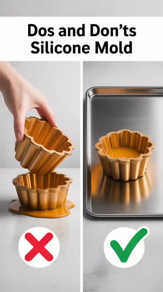 A collage showing the wrong way (lifting a floppy mold) and the right way (placing the mold on a baking sheet) to use silicone molds.
