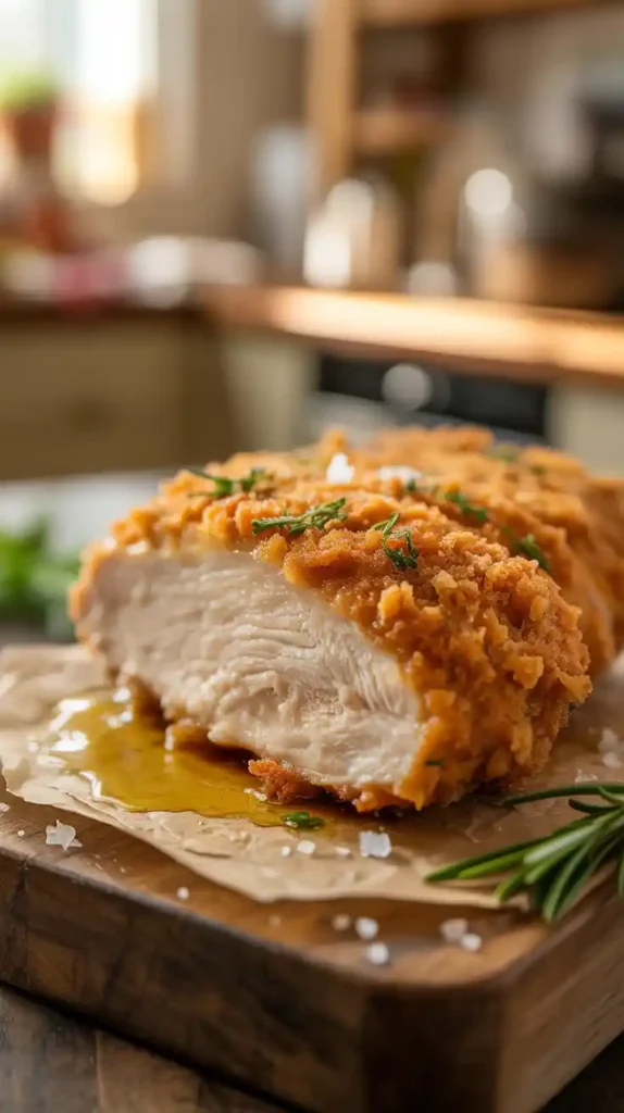 A close-up of a perfectly crispy chicken cutlet, showing off the beautiful, golden-brown crust made from homemade bread 