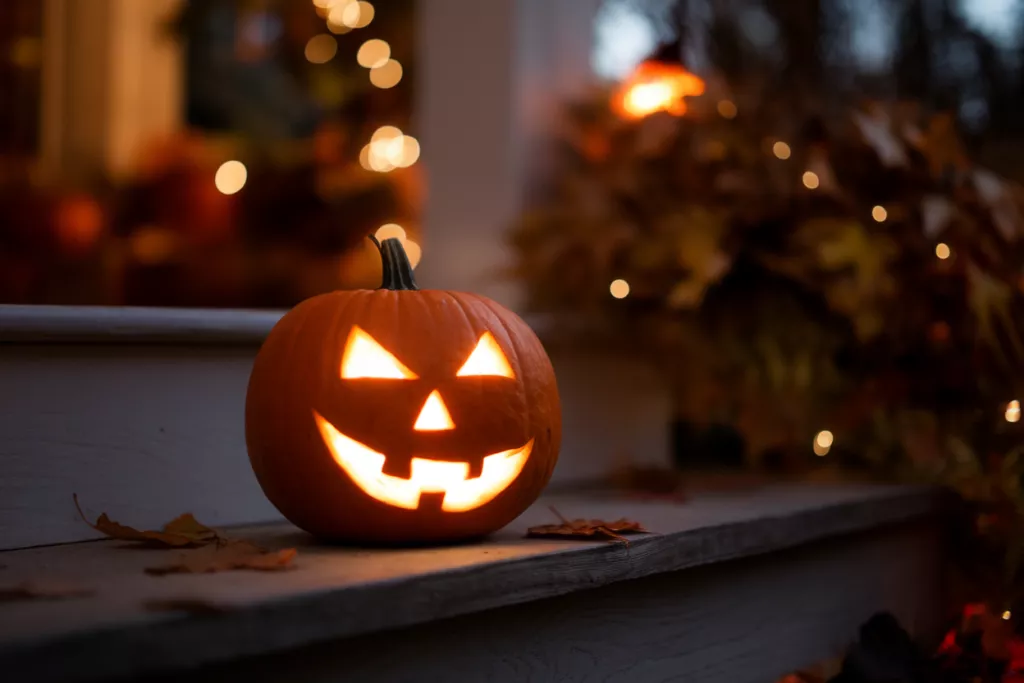 A lit jack-o'-lantern glowing warmly on a porch step at dusk.