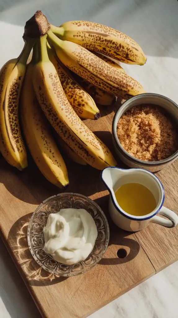 A flat lay collage showing the key ingredients for moist banana bread: very overripe bananas, brown sugar, sour cream, and melted butter.