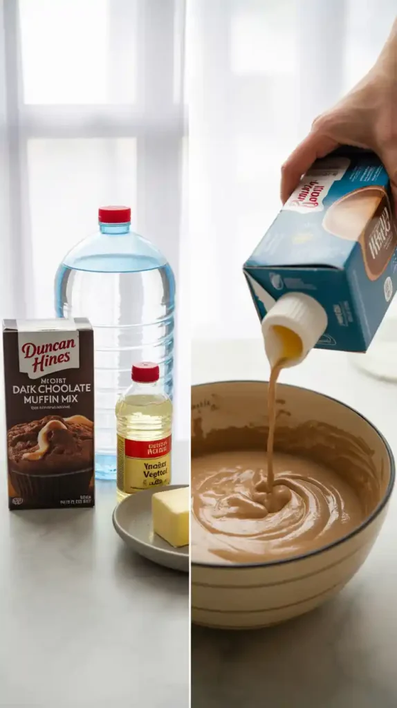 A comparison collage showing standard muffin mix ingredients versus upgraded ingredients like milk, butter, and extra eggs.