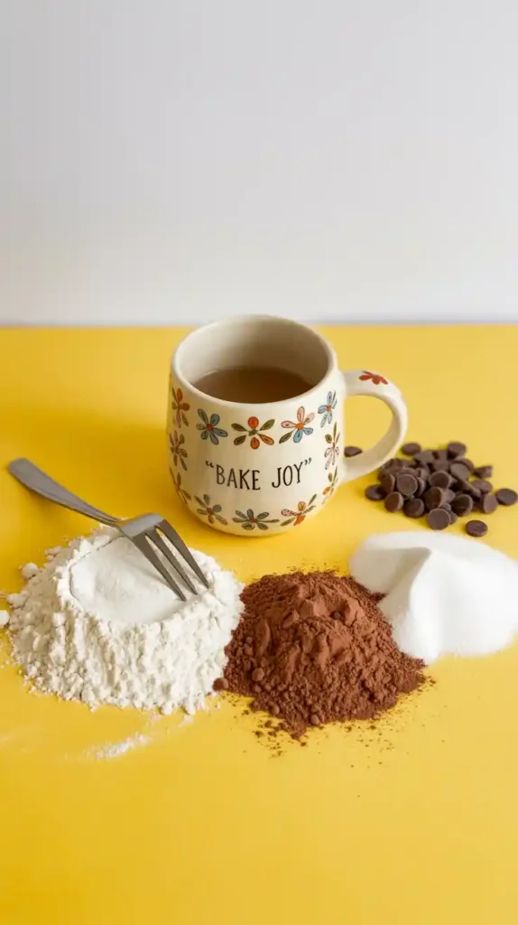 A flat lay collage showing the simple ingredients for a mug brownie: a mug, a fork, flour, sugar, cocoa powder, and chocolate chips.