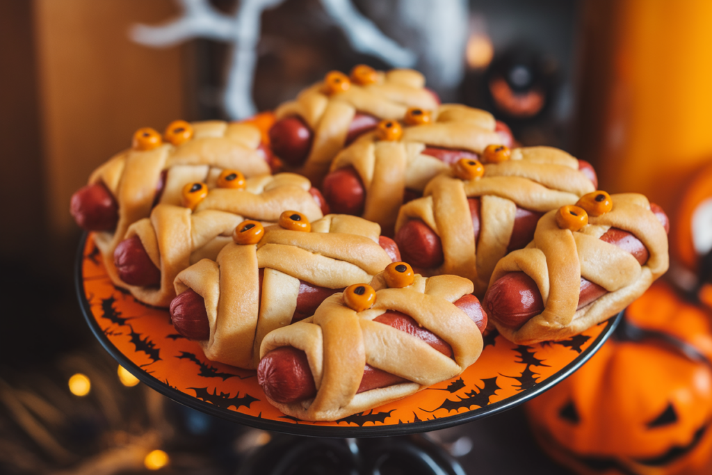 Baked "mummy" hot dogs with mustard eyes on a Halloween serving platter.