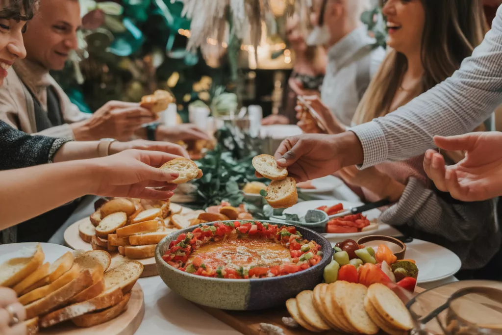 People at a festive gathering enjoying bruschetta dip with various dippers.