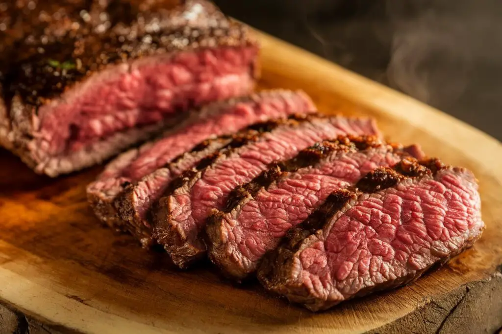 Perfectly cooked air-fried steak, sliced to show its medium-rare doneness and juicy interior.