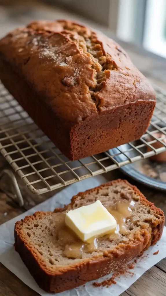 A close-up of a thick, moist slice of banana bread with a pat of salted butter melting into the tender crumb."