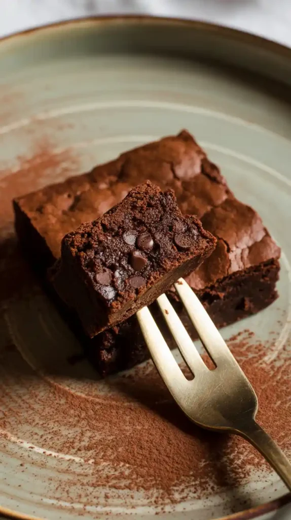"A close-up of a single, thick brownie made from a doctored mix, broken to show the incredibly dense and fudgy interior."