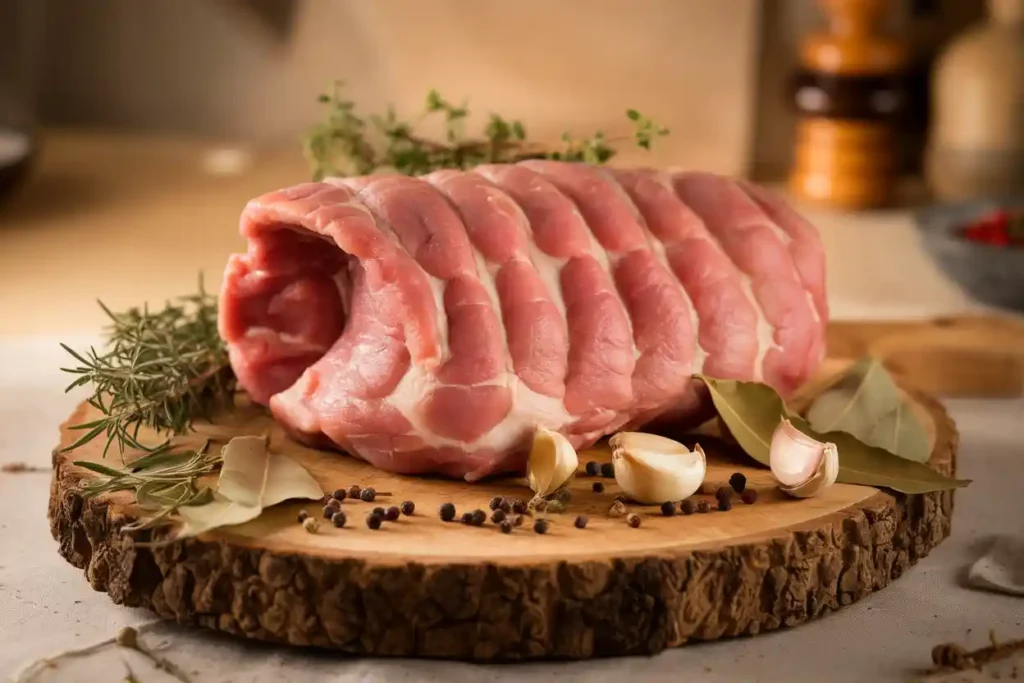 Raw pork knuckle with fresh herbs and spices on a rustic cutting board.