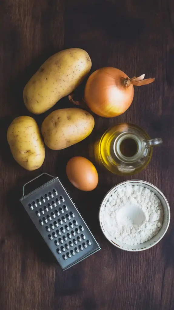 A flat lay of the ingredients for potato pancakes, including Russet potatoes, an onion, egg, flour, and a box grater.

