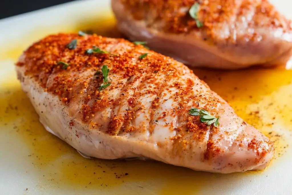 Raw chicken breast, pounded, seasoned, and oiled, prepared for air frying.