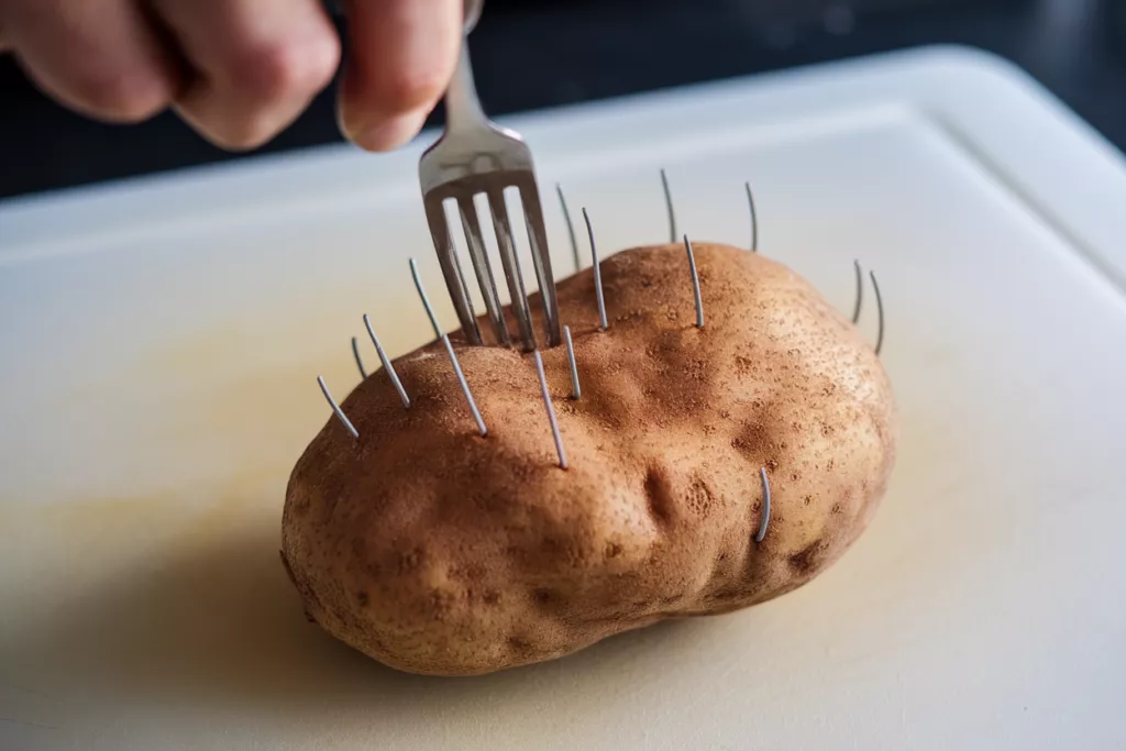 A raw Russet potato being pricked all over with a fork