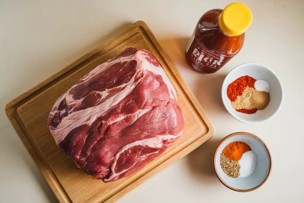 Raw pork shoulder, BBQ sauce, and spice rub blend for pulled pork