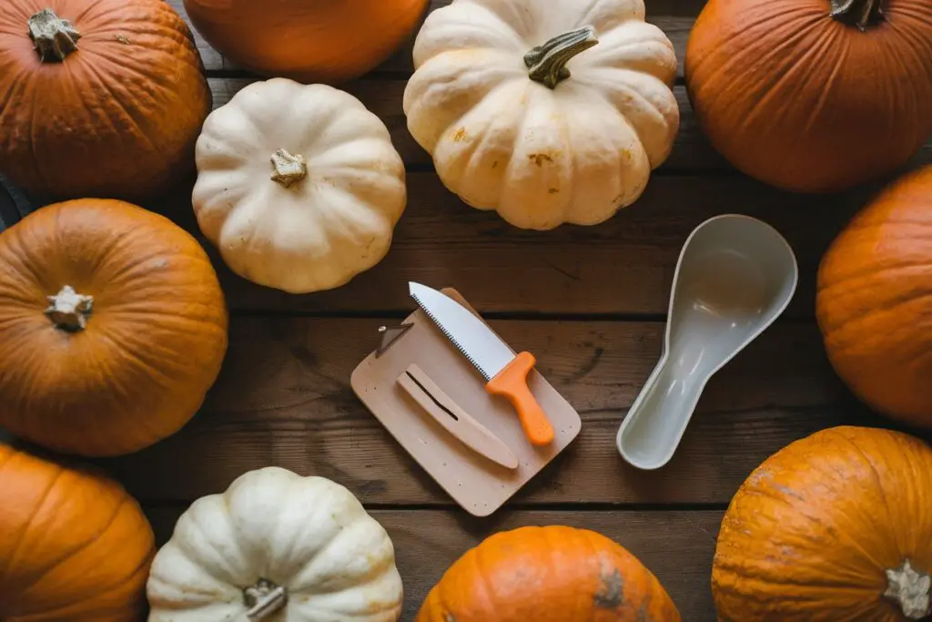 Various pumpkins with a basic carving kit and scoop for carving essentials.
