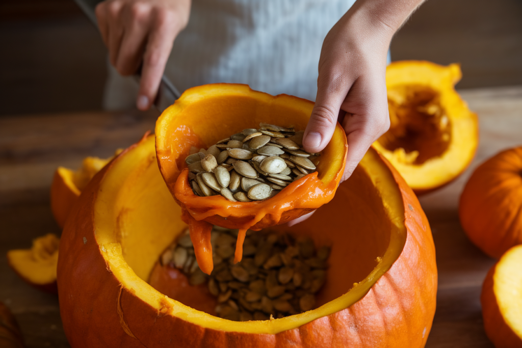Scooping pumpkin guts and seeds from a carved pumpkin into a bowl.