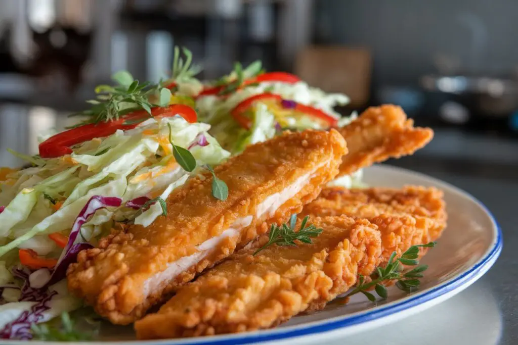 Crispy fried catfish with fresh spicy cabbage slaw on a white plate.