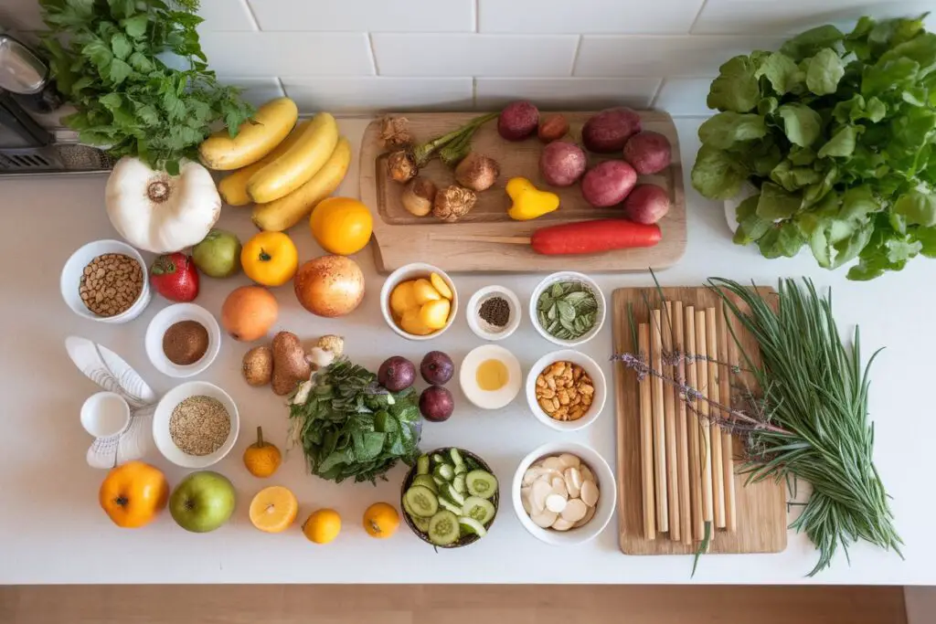 A flat lay of all raw ingredients for the recipe on a kitchen counter.