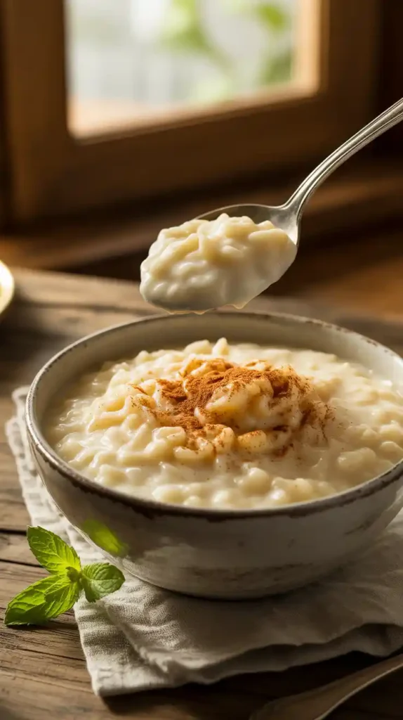 A close-up of a spoonful of creamy, delicious air-fried rice pudding being lifted from a bowl."