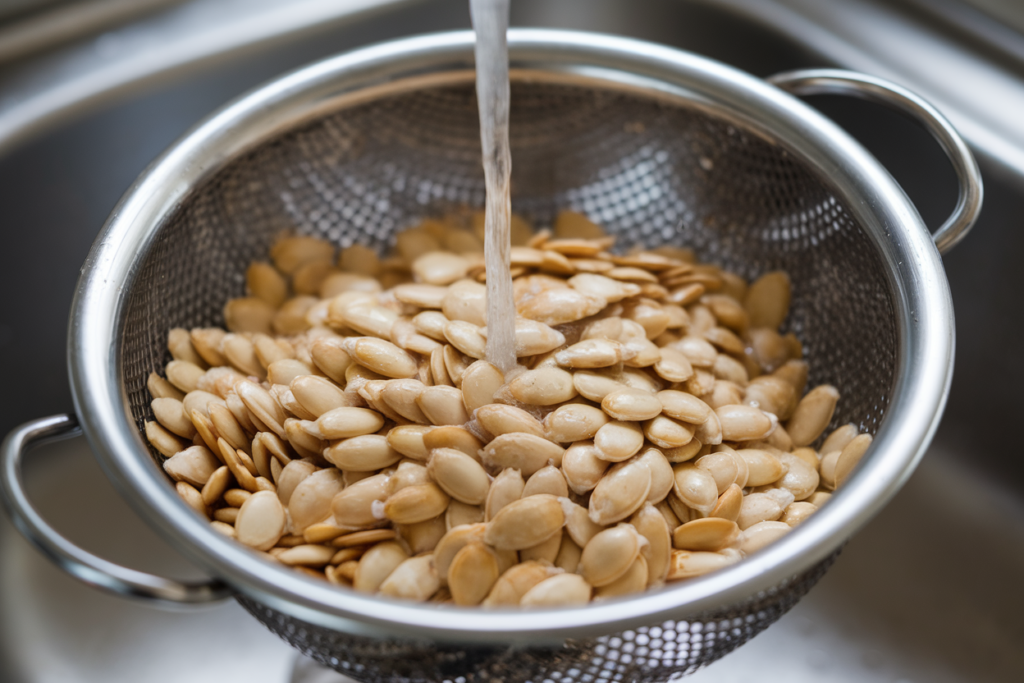Clean pumpkin seeds in a colander being rinsed under running water.