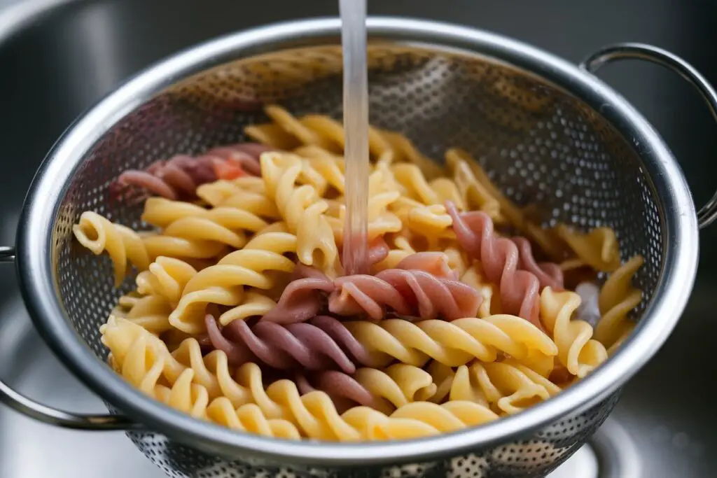 Cooked tri color pasta being rinsed under cold water in a colander.