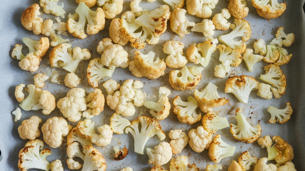 Roasted cauliflower rice spread on a baking sheet, showing golden-brown edges and fluffy texture.