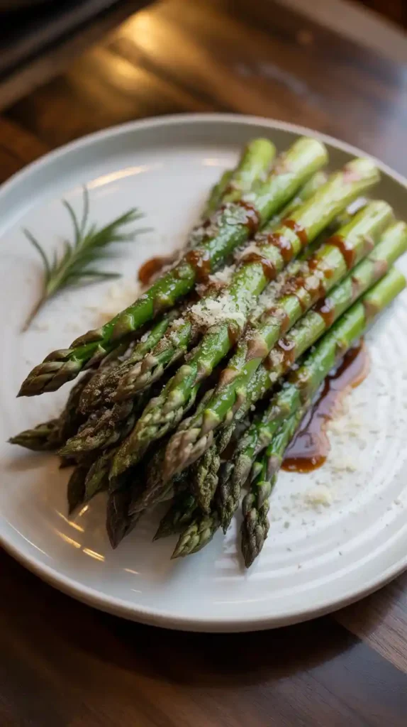 "A close-up of a bundle of crispy, air-fried asparagus, drizzled with balsamic glaze and sprinkled with Parmesan cheese."