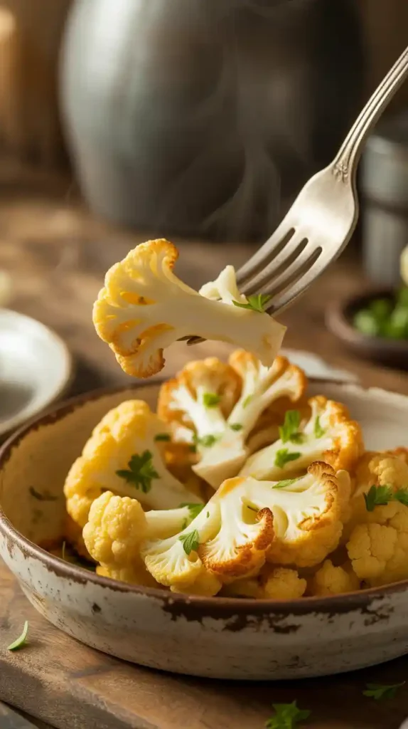 "A close-up of a forkful of crispy, air-fried cauliflower, showing the delicious roasted texture."