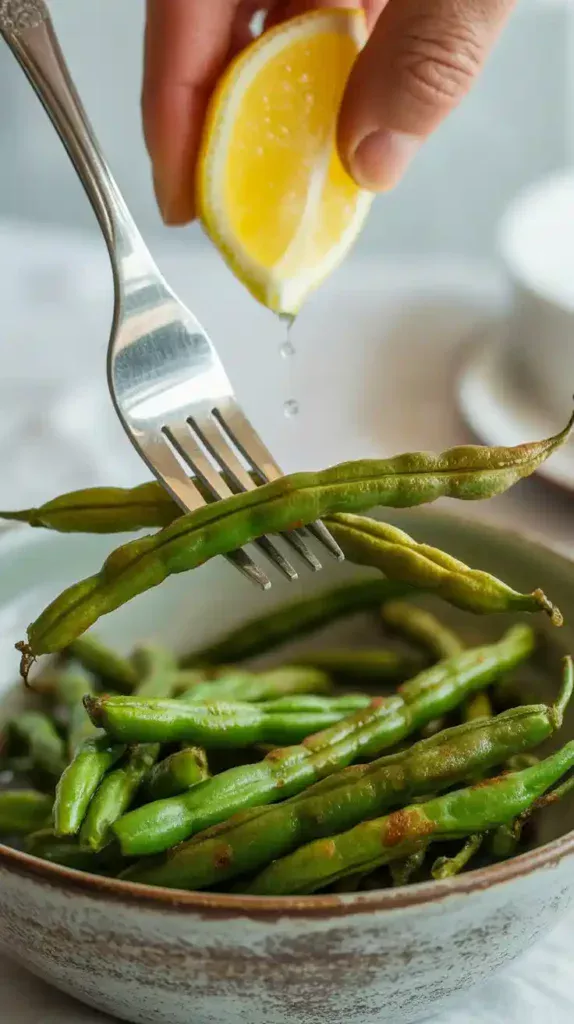 "A close-up of a forkful of crispy, air-fried green beans, with a lemon wedge squeezing juice in the background."