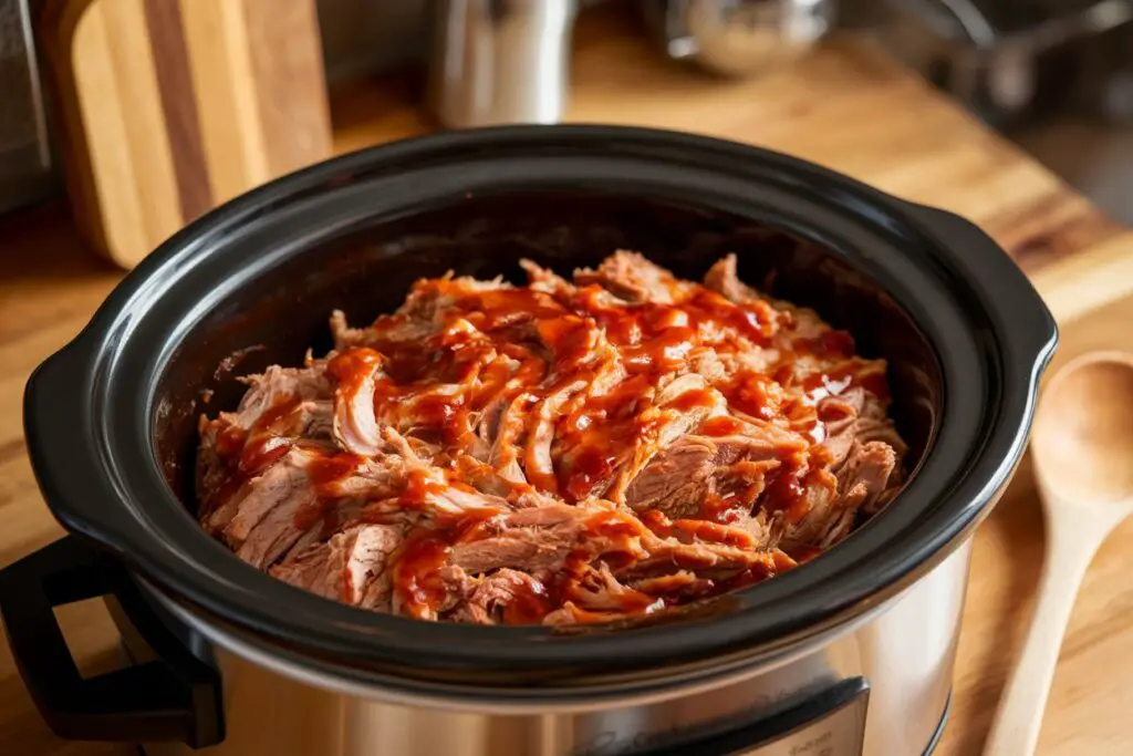 Shredded pulled pork mixed with BBQ sauce in a slow cooker