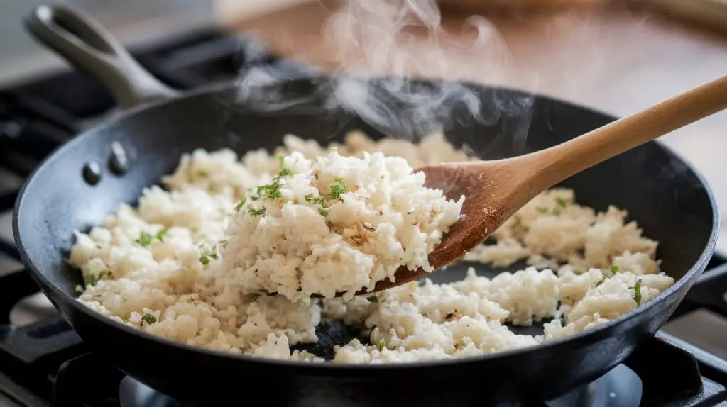 Cauliflower rice being sautéed in a skillet, producing steam and light browning.