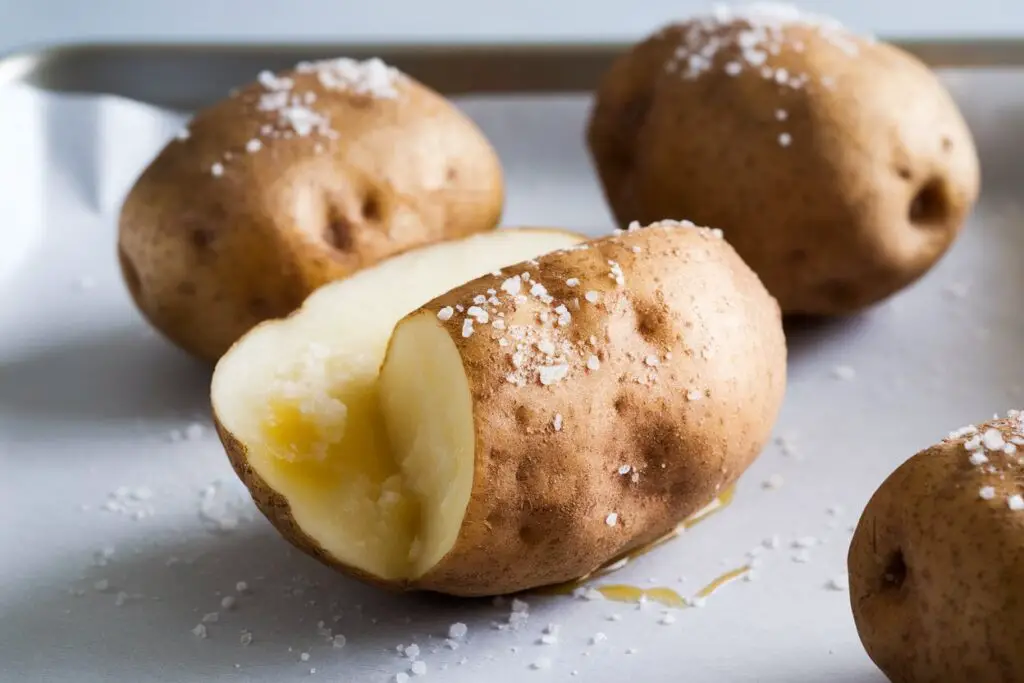 Raw Russet potato, oiled and salted, prepared for air frying.
