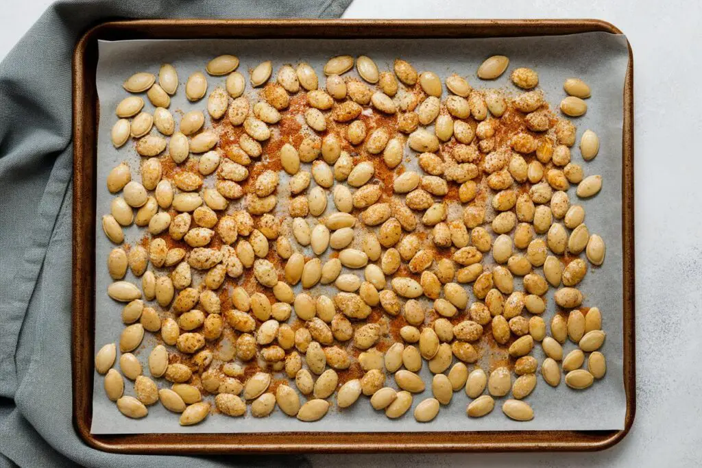 Seasoned pumpkin seeds spread in a single layer on a baking sheet.