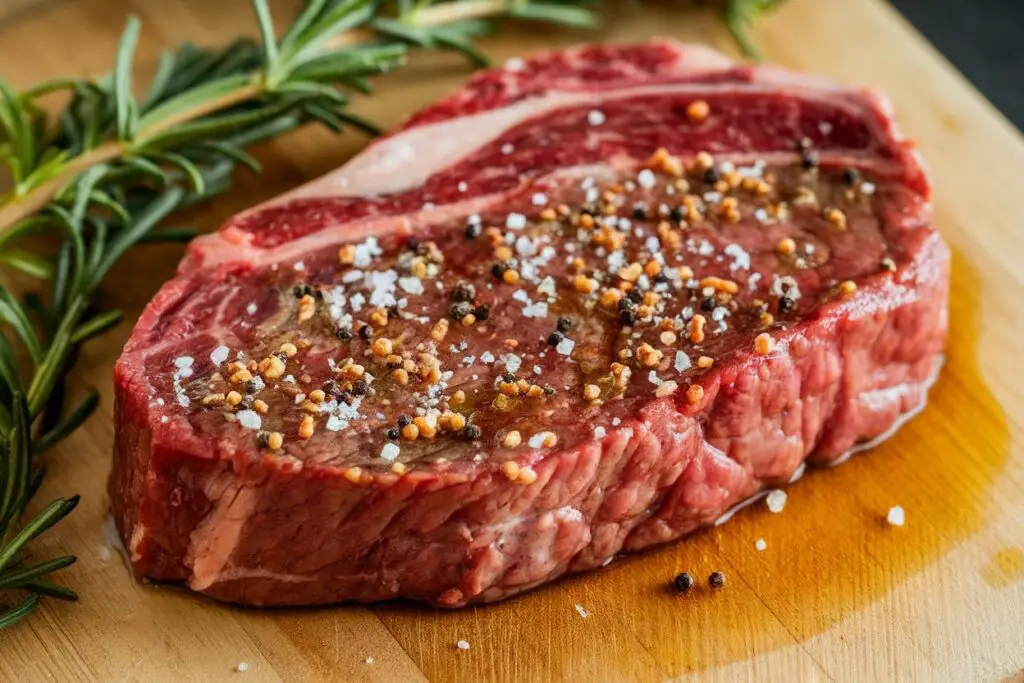 Raw steak seasoned with oil, salt, and pepper, ready for air frying.