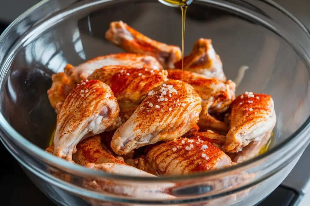 Raw chicken wings tossed with seasoning and oil in a bowl. 