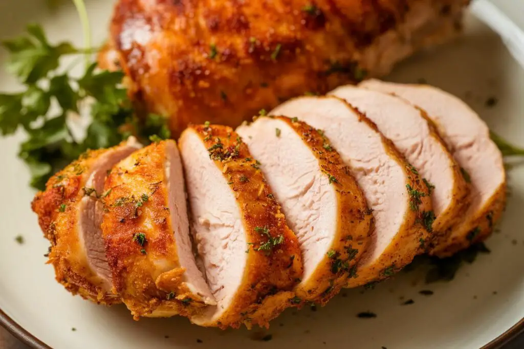 Perfectly cooked and sliced air-fried chicken breast, revealing a juicy interior on a plate