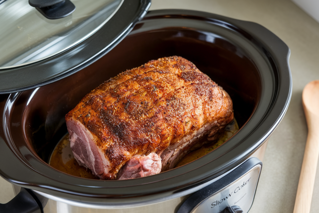 Pork shoulder resting in a slow cooker with the lid on