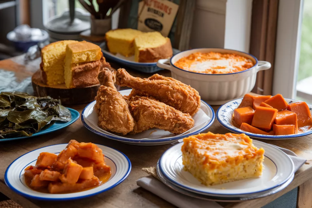 Classic soul food platter with fried chicken, collard greens, mac and cheese, and cornbread.