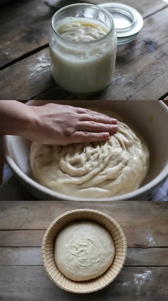 A collage showing the process of making sourdough bread: the active starter, stretching the dough, and the final proof in a banneton basket.