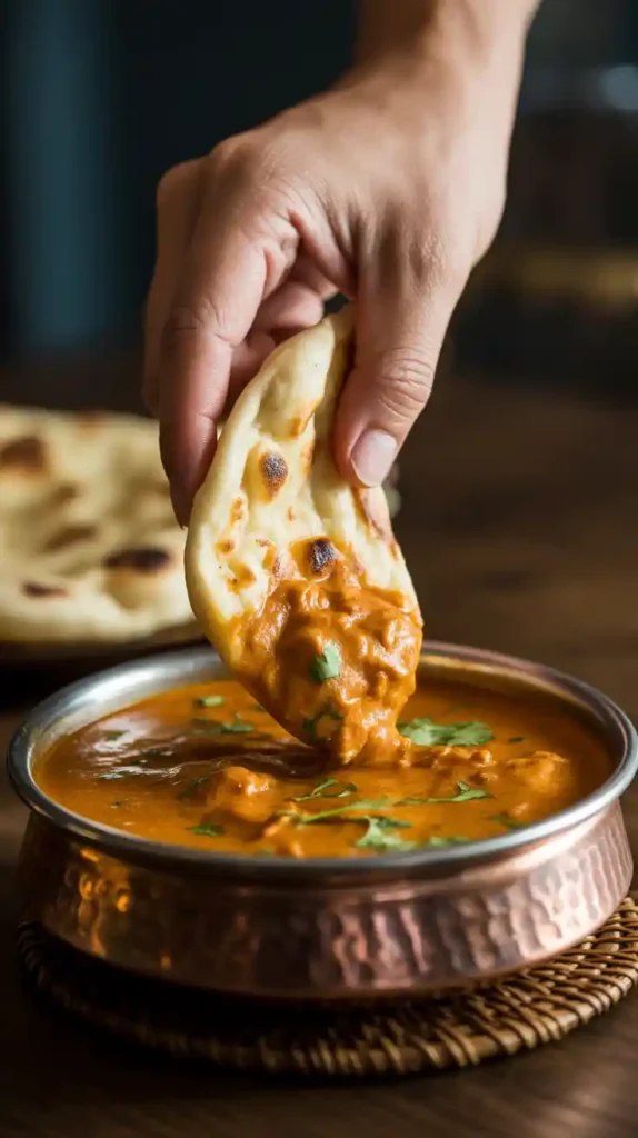 "A close-up action shot of a hand dipping a piece of soft garlic naan into a bowl of chicken tikka masala."