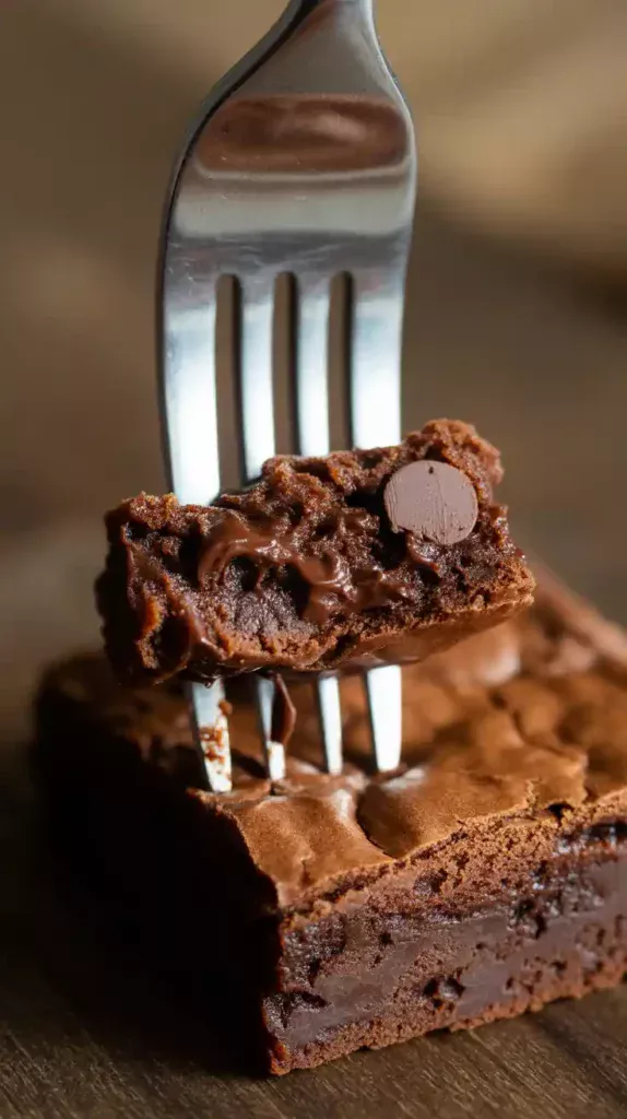 "A close-up macro shot of a single brownie, broken to show the incredibly dense, moist, and fudgy interior."