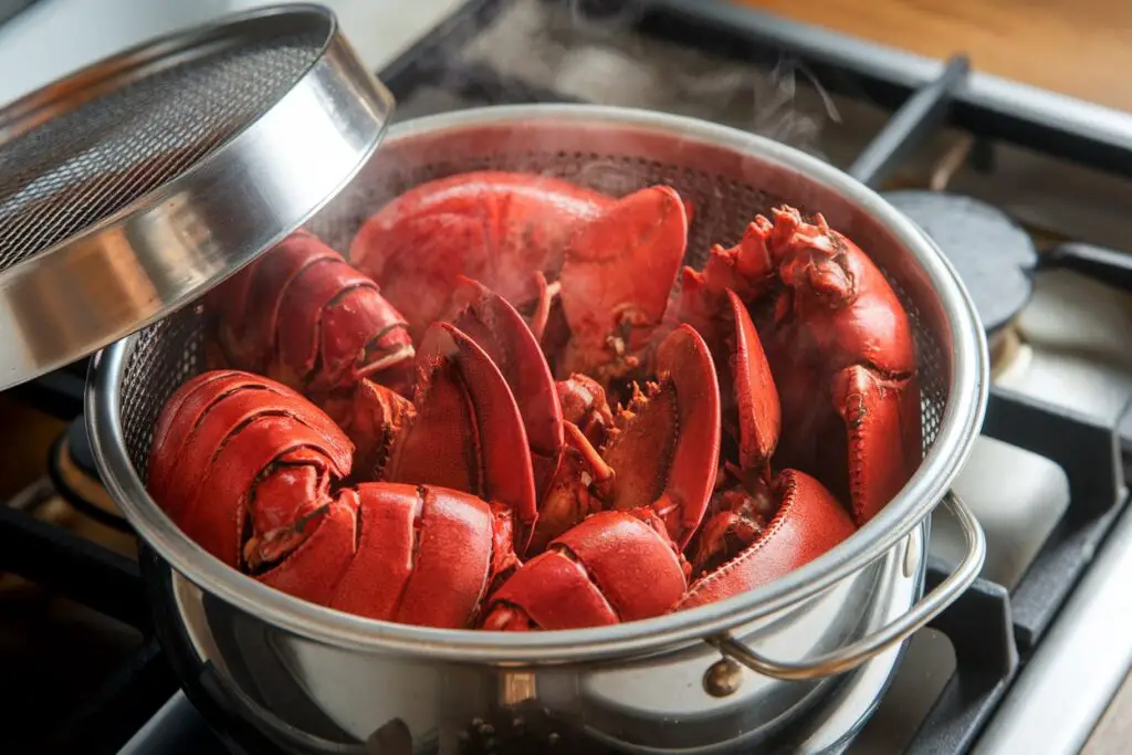 Steaming cold cracked lobster in a pot