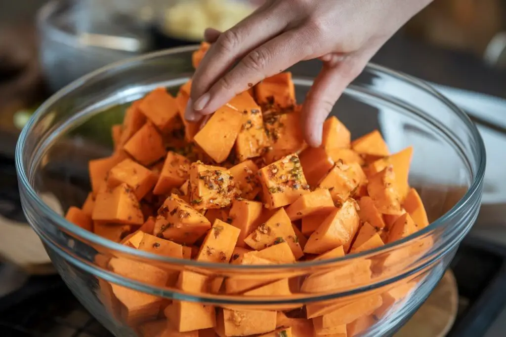 Sweet potato cubes being tossed with olive oil and spices in a bowl.