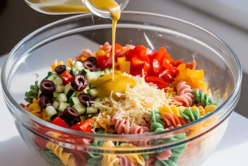 ll tri color pasta salad ingredients being tossed with dressing in a large mixing bowl.
