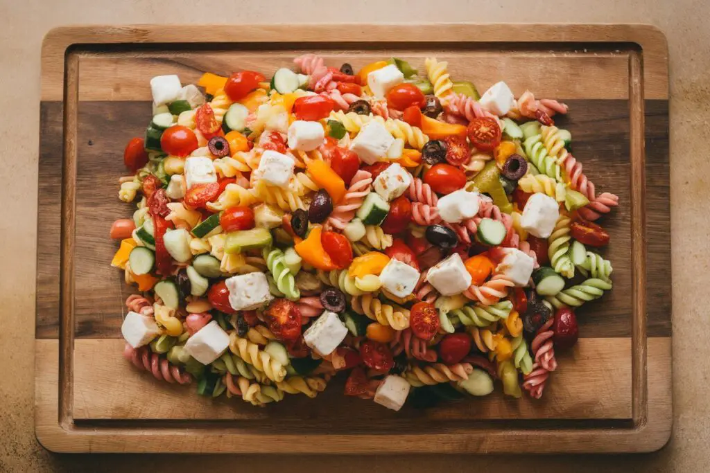 Vibrant tri color pasta, chopped vegetables, and cheese on a large cutting board.