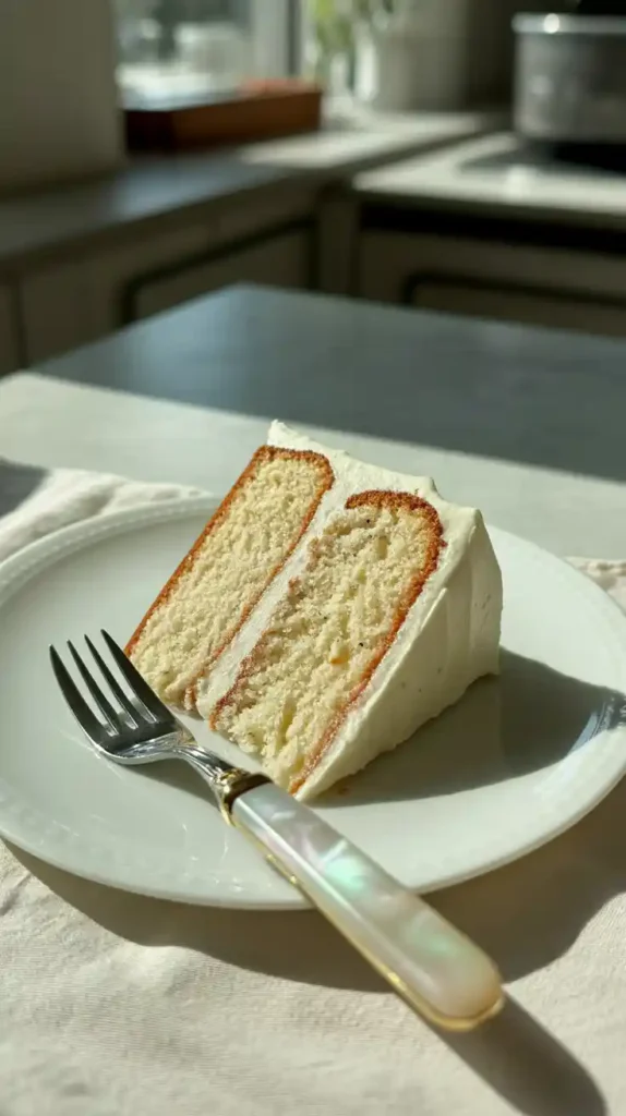 A close-up photo of a slice of homemade vanilla cake, highlighting the moist crumb and layers of white buttercream frosting.