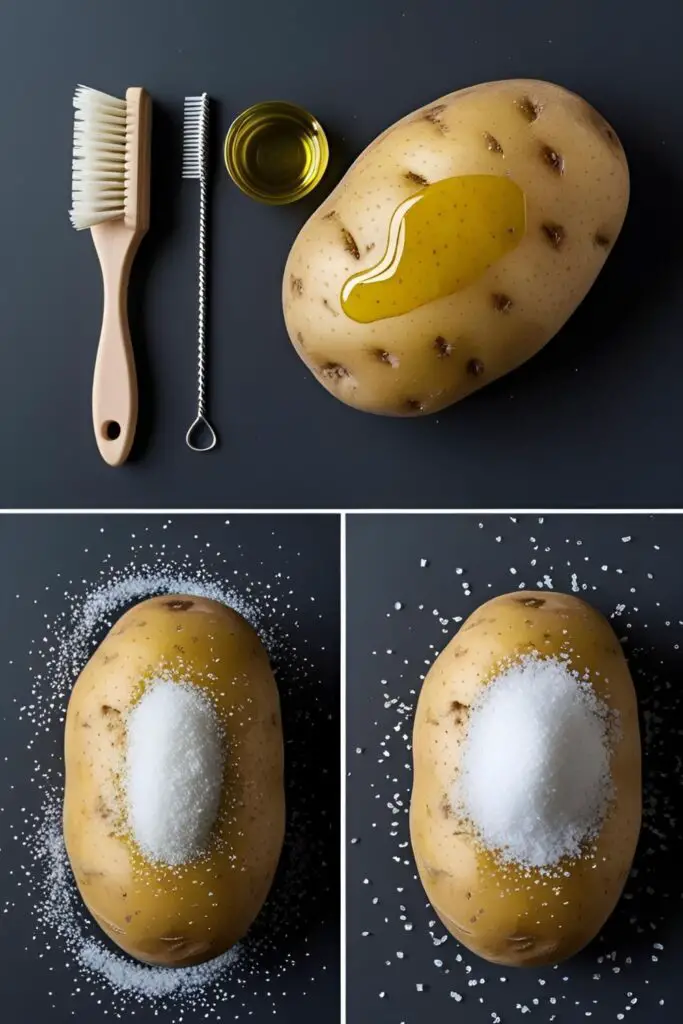 The simple ingredients and preparation steps for making a perfect baked potato: a Russet potato, olive oil, and coarse salt.