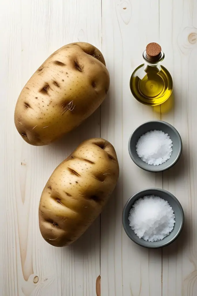 A flat lay of the simple ingredients for a perfect baked potato: Russet potatoes, olive oil, and coarse salt
