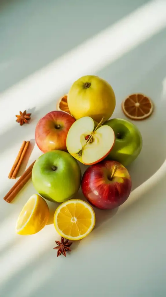 A flat lay of various fresh apples, cinnamon sticks, and a lemon, representing the ingredients for homemade applesauce.